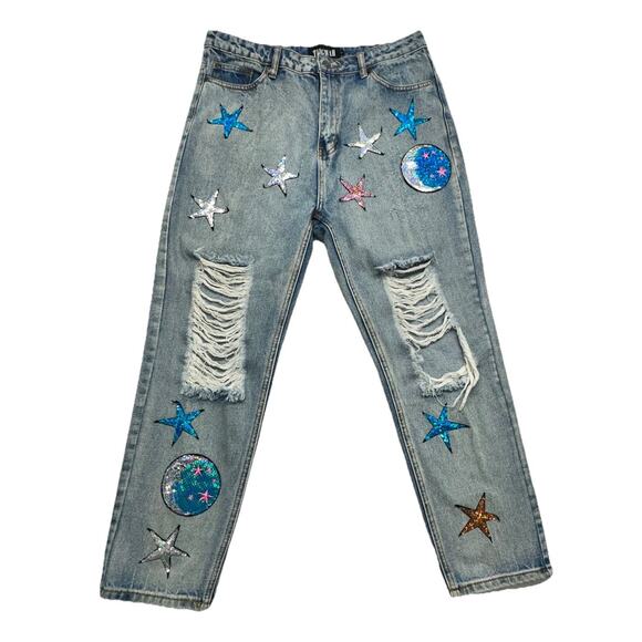 LF Taigwah Denim - LF Taigwah Jeans Size 12 Star And Moon Denim Distressed Sequined